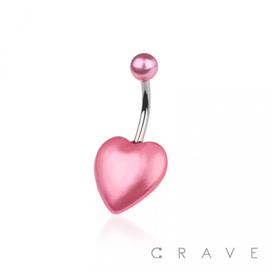 HEART FAUX PEARL HEART 316L SURGICAL STEEL BAR BELLY RING