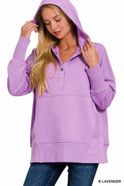 Zenana Half Button Fleece Hoodie