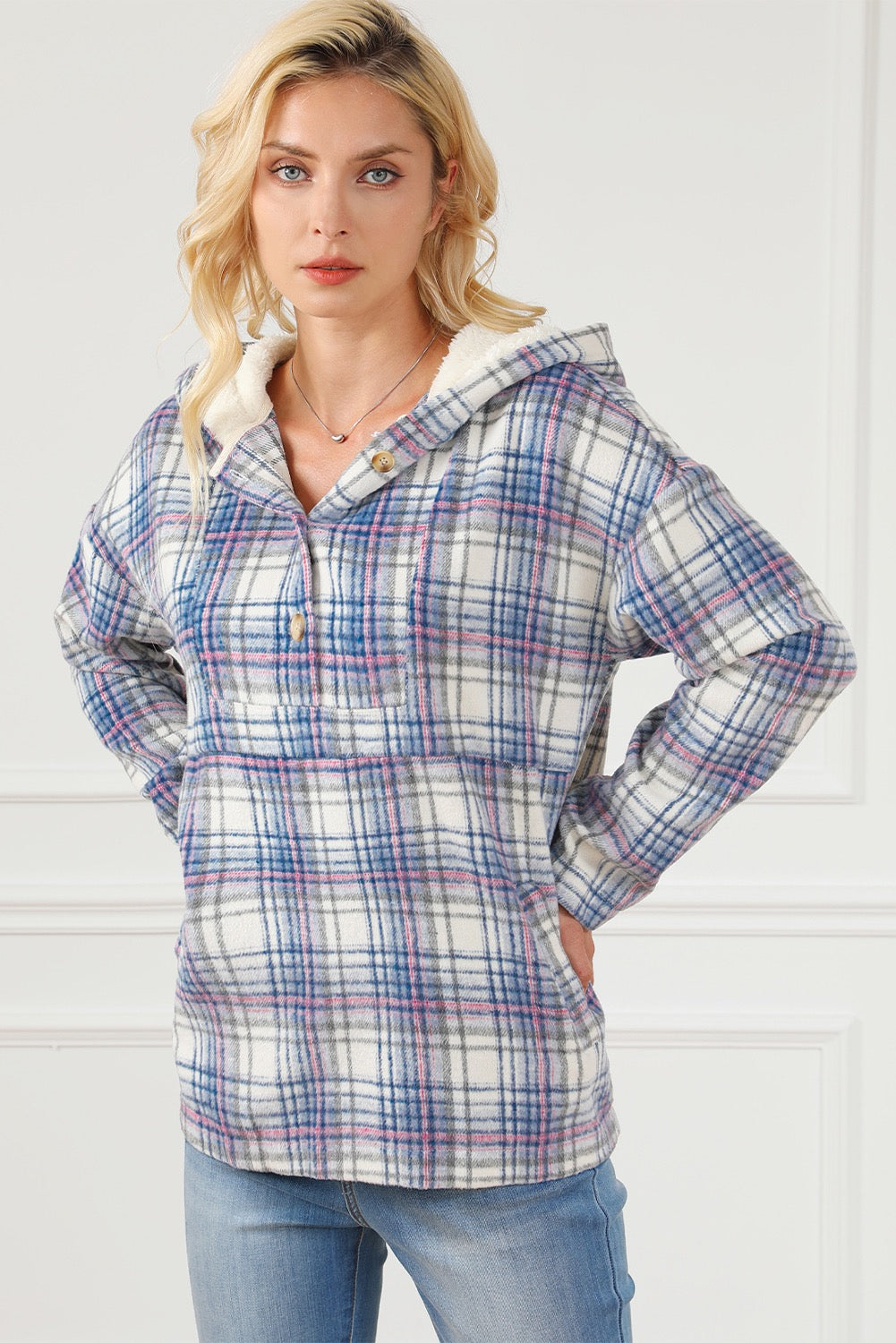 Plaid Button Neck Pocketed Pullover Hoodie