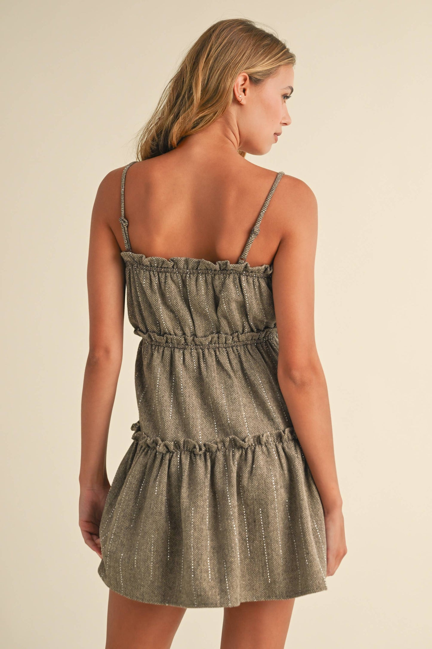 Embellished Herringbone Tiered Ruffle Dress