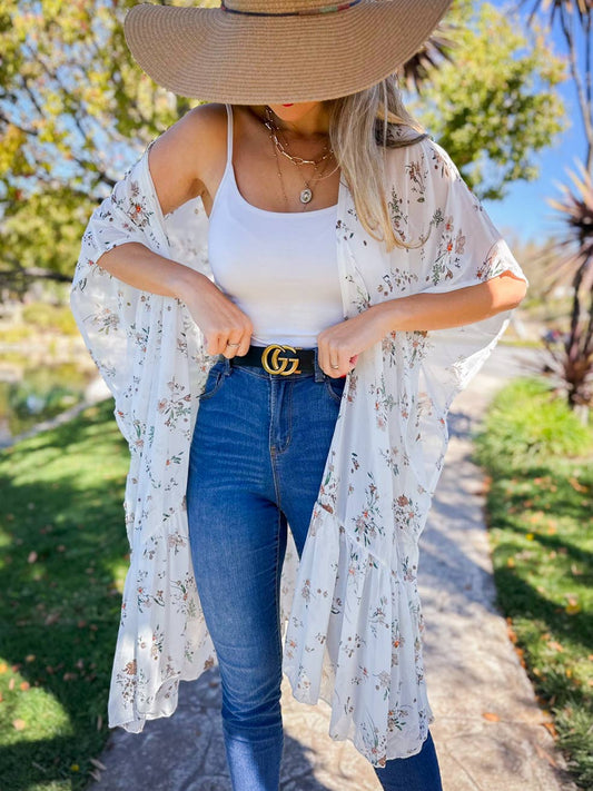 Ivory Floral Printed Ruffle Bottom Chiffon Kimono Cover Up