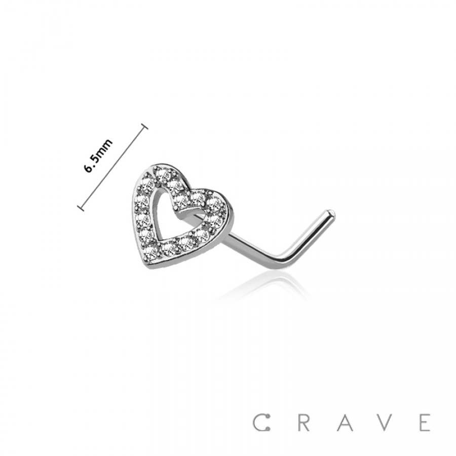 CZ PAVED HEART 316L SURGICAL STEEL L-SHAPE NOSE STUD