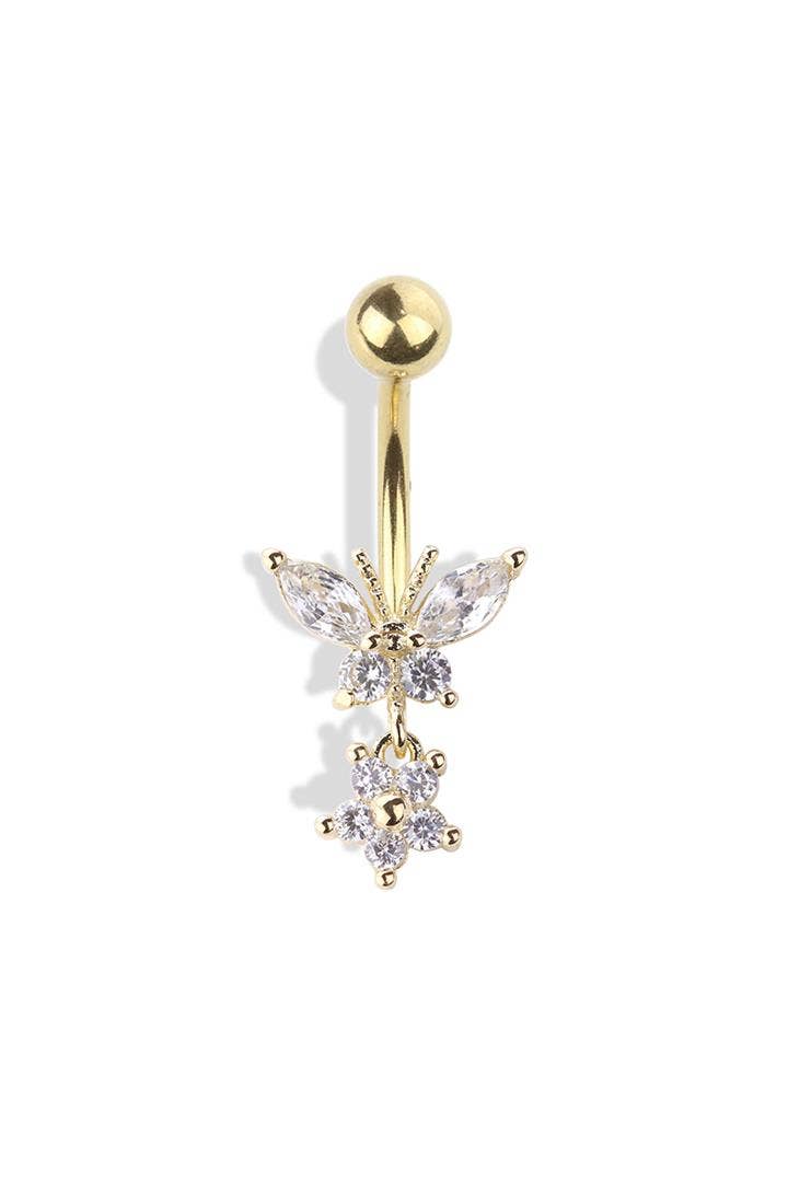 BUTTERFLY AND FLOWER DANGLE 316L SURGICAL STEEL NAVEL RING