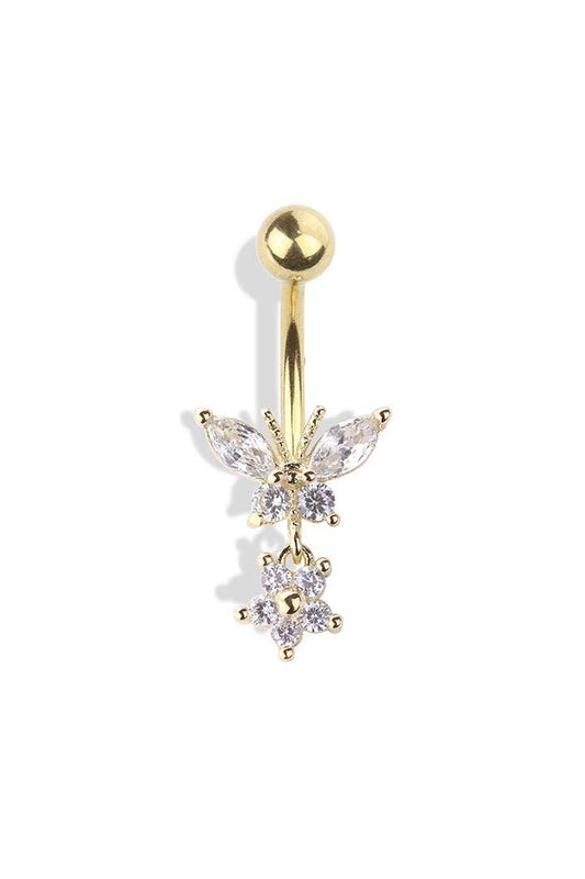 BUTTERFLY AND FLOWER DANGLE 316L SURGICAL STEEL NAVEL RING