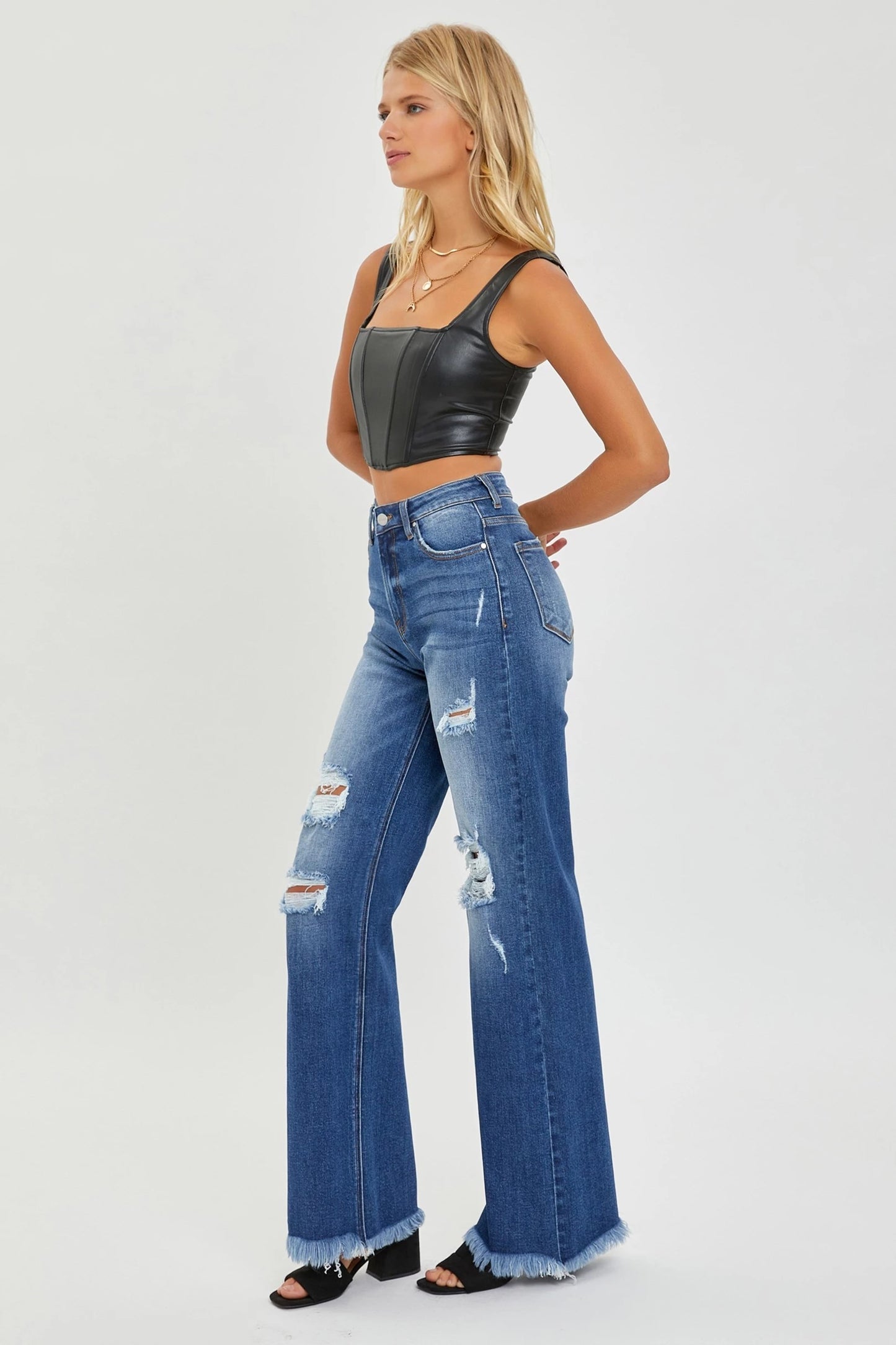 Risen High Rise Knee Distressed Wide Straight Jeans