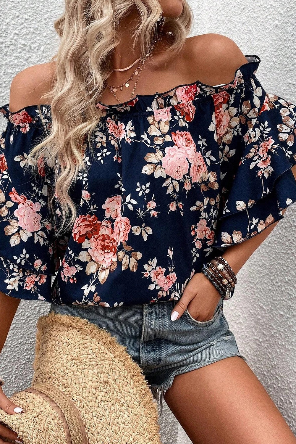 Blue Ruffle Off Shoulder Flounce
Sleeve Floral Blouse