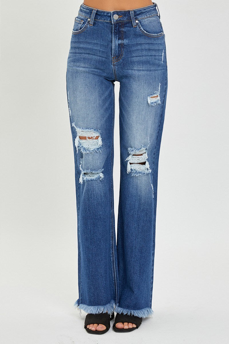 Risen High Rise Knee Distressed Wide Straight Jeans