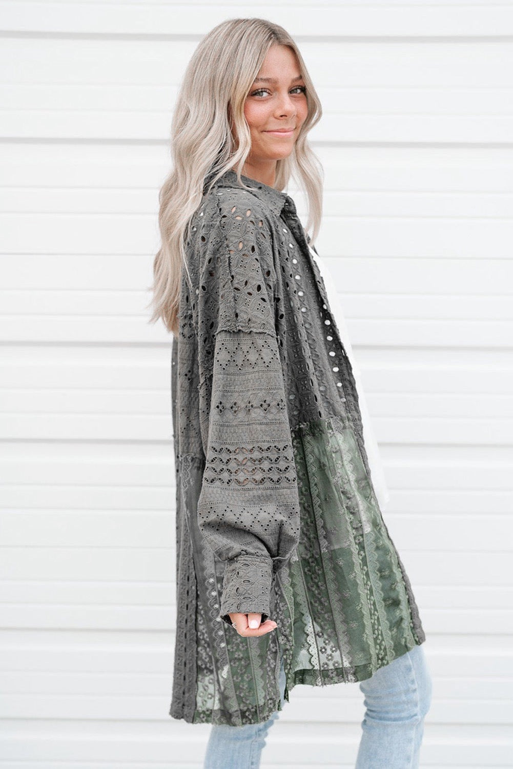 Green Eyelet Pattern Patchwork Oversized Shacket