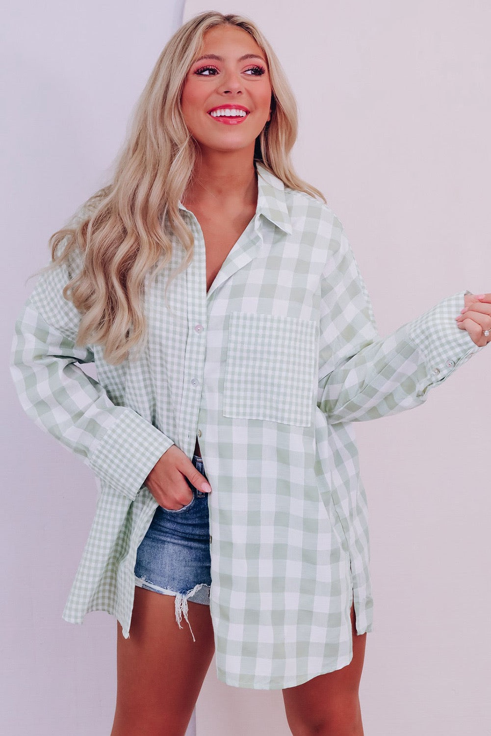 Green Mix Checked Patchwork Button Up