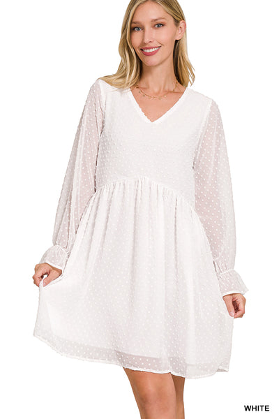 Zenana Swiss Dot Long Sleeve V-Neck Dress