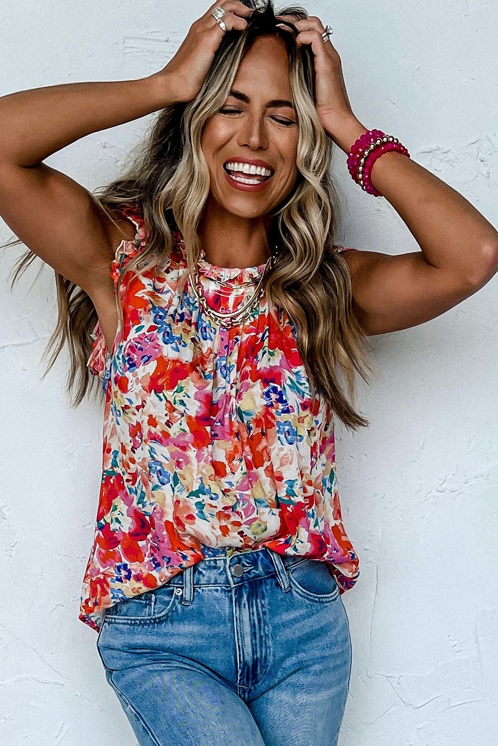 Red Frilled Neck Pleated Floral Tank