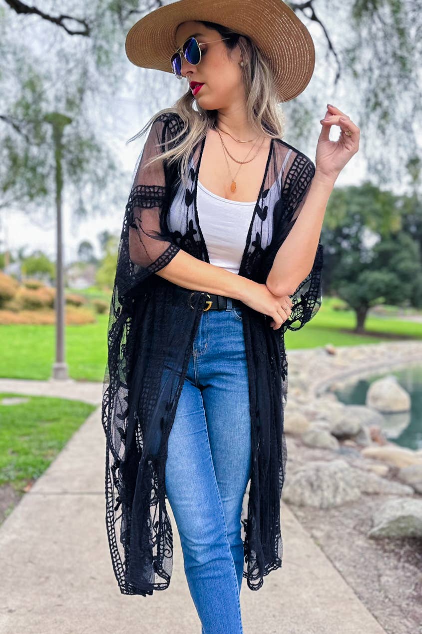 Black Floral Lace Sheer Dressy Kimono Cover Up