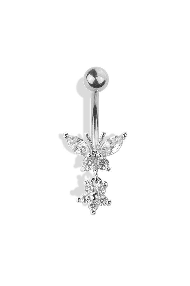 BUTTERFLY AND FLOWER DANGLE 316L SURGICAL STEEL NAVEL RING