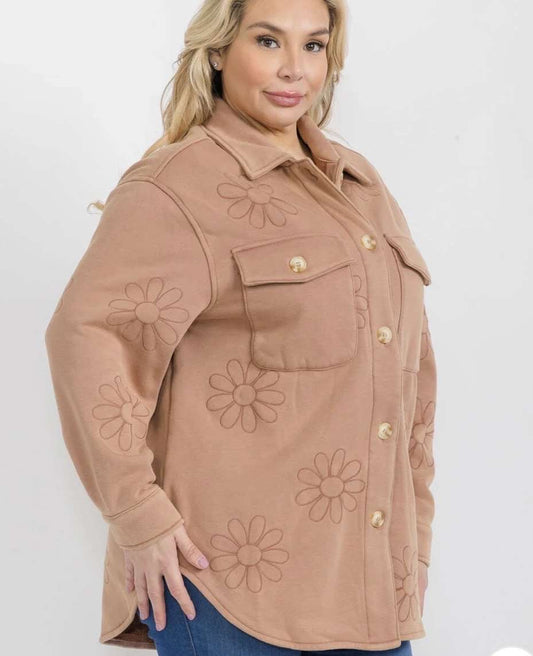 Plus Floral Embroidered Button Up