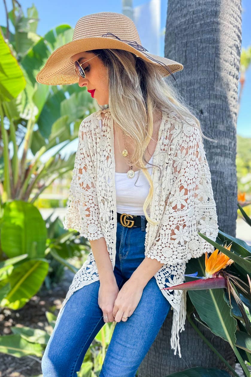 Ivory Floral Crochet 3/4 Sleeve With Tassel Kimono