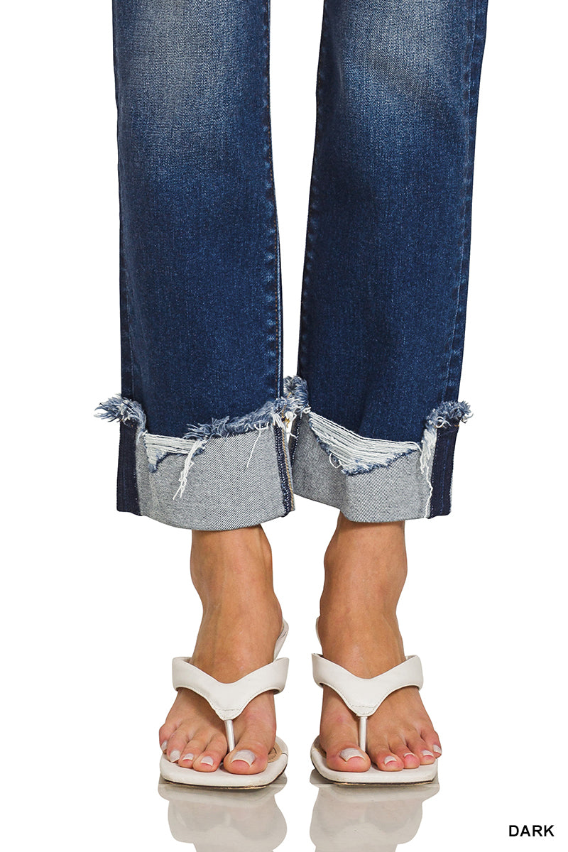 Zenana Cuffed Distressed Straight Leg