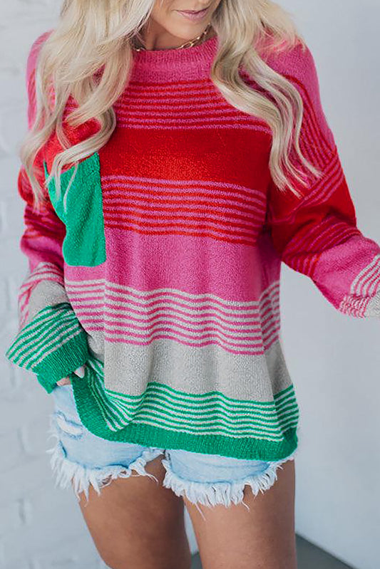 Pink and Green Striped Knit Sweater