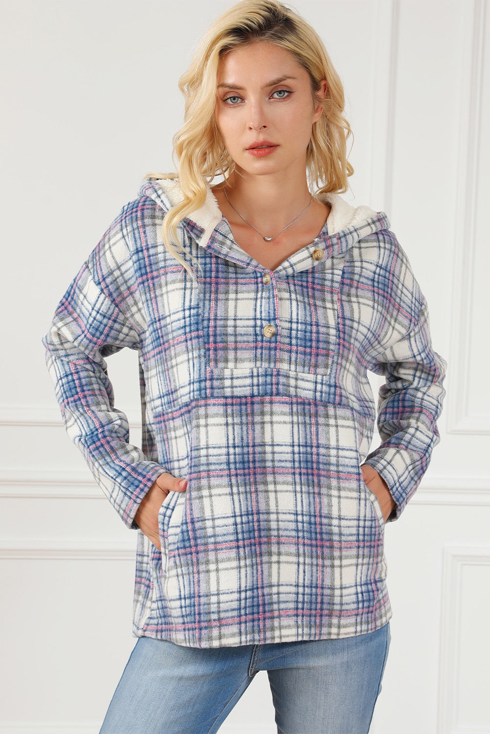 Plaid Button Neck Pocketed Pullover Hoodie