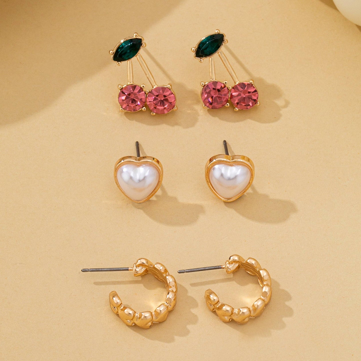 Trio Heart, Huggie, and Cherry Earring Set