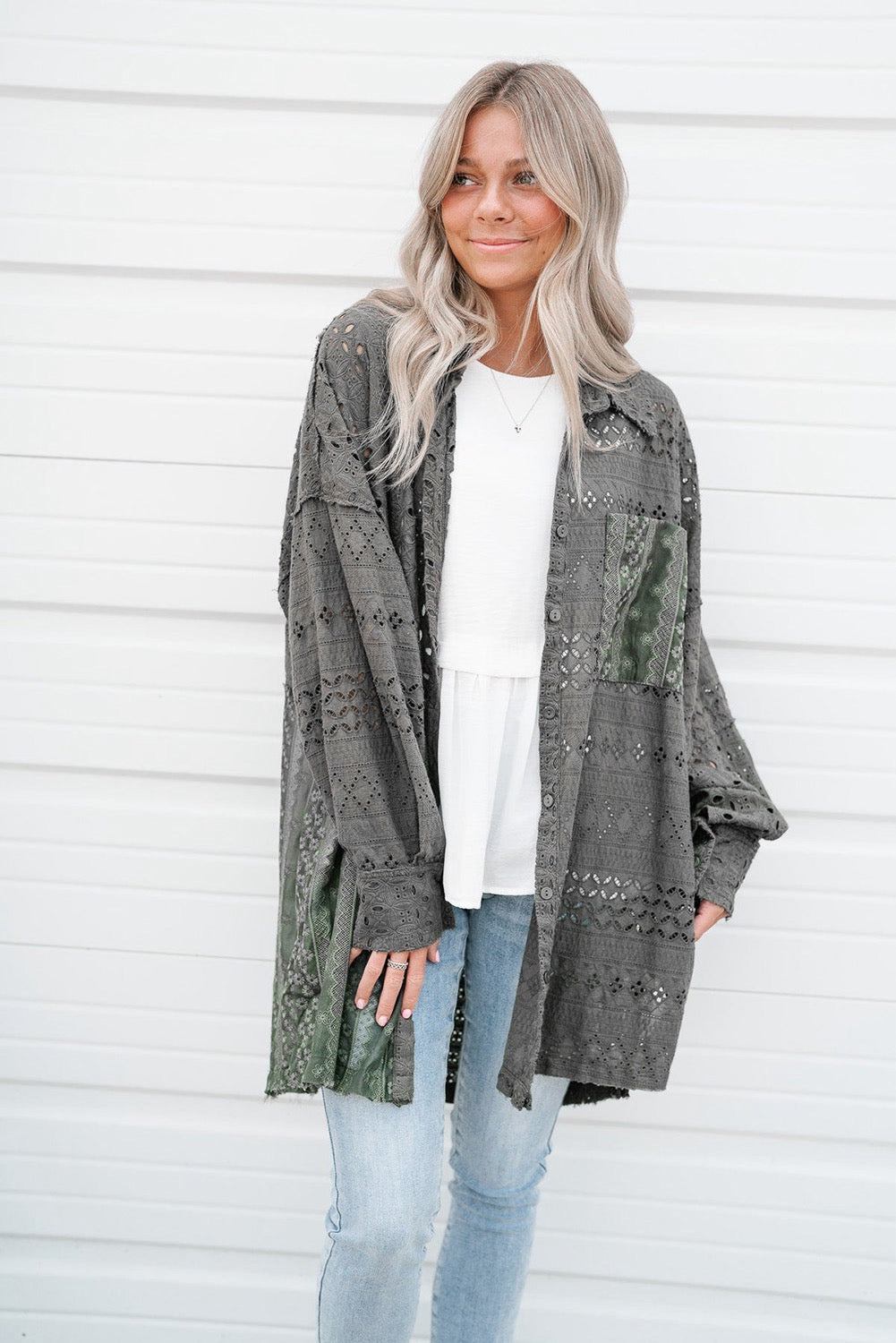 Green Eyelet Pattern Patchwork Oversized Shacket