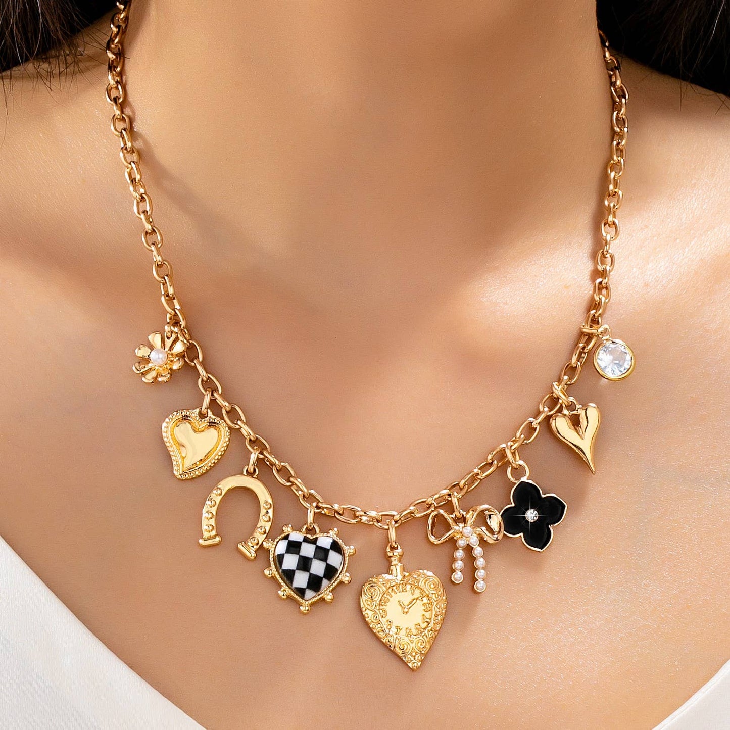Checkered HeartPearl Bow Multi-Charm Link Necklace