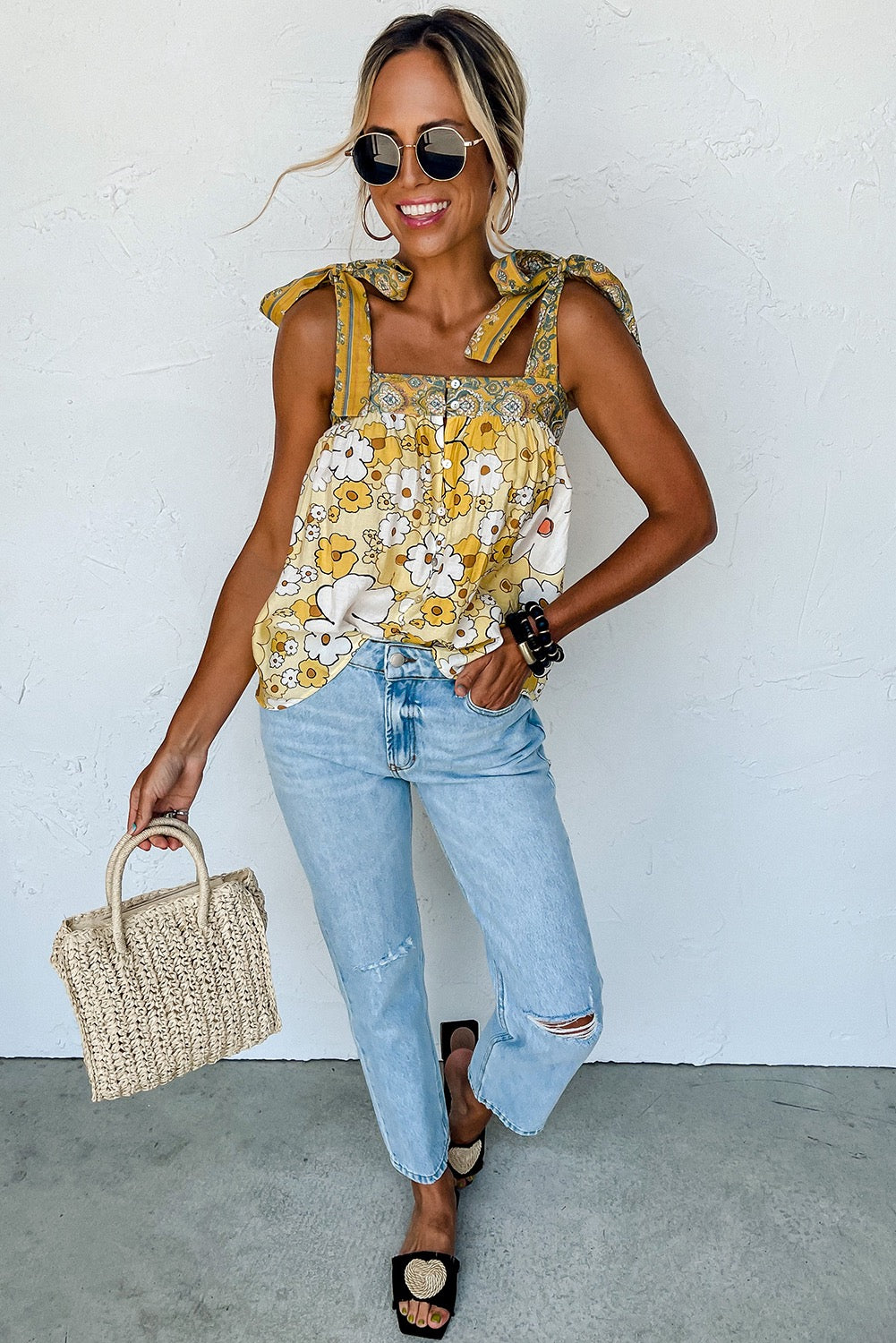 Yellow Floral Patchwork Button Tank Top