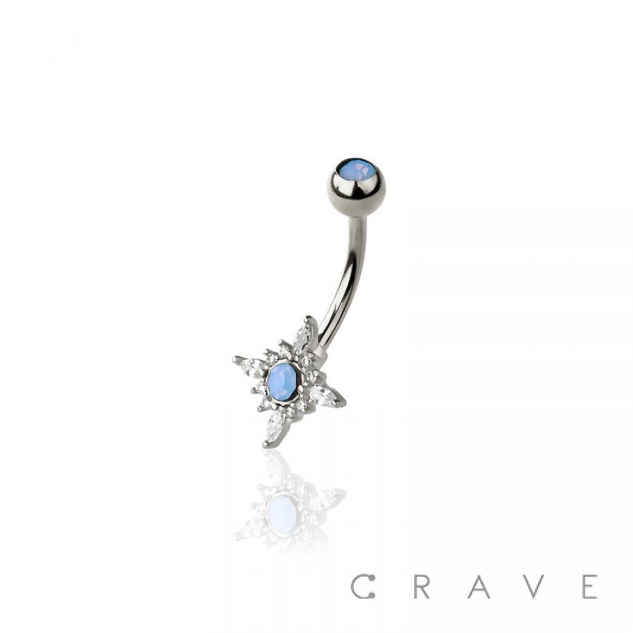 316L SURGICAL STEEL STAR BURST CZ AND OPAL STONE NON DANGLE