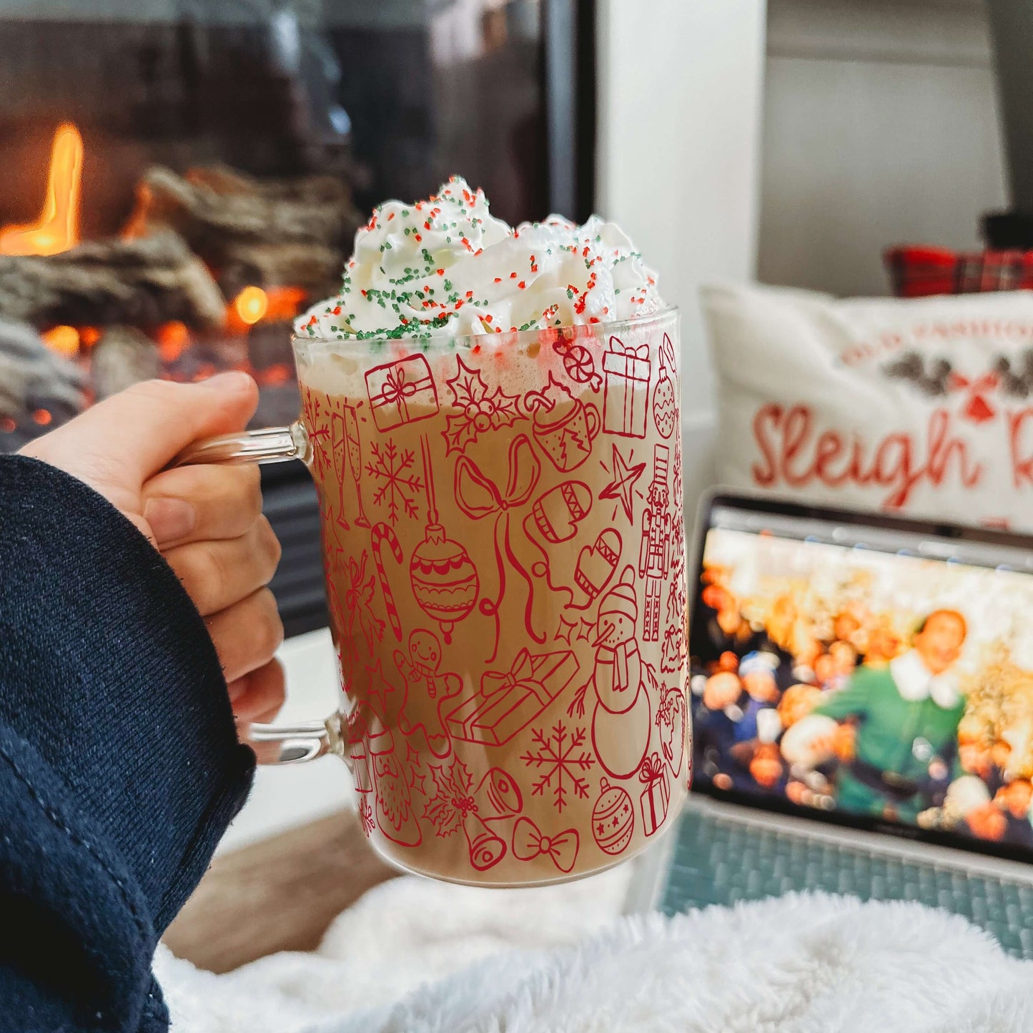 Christmas Doodles Clear Glass Mug with Lid & Straw