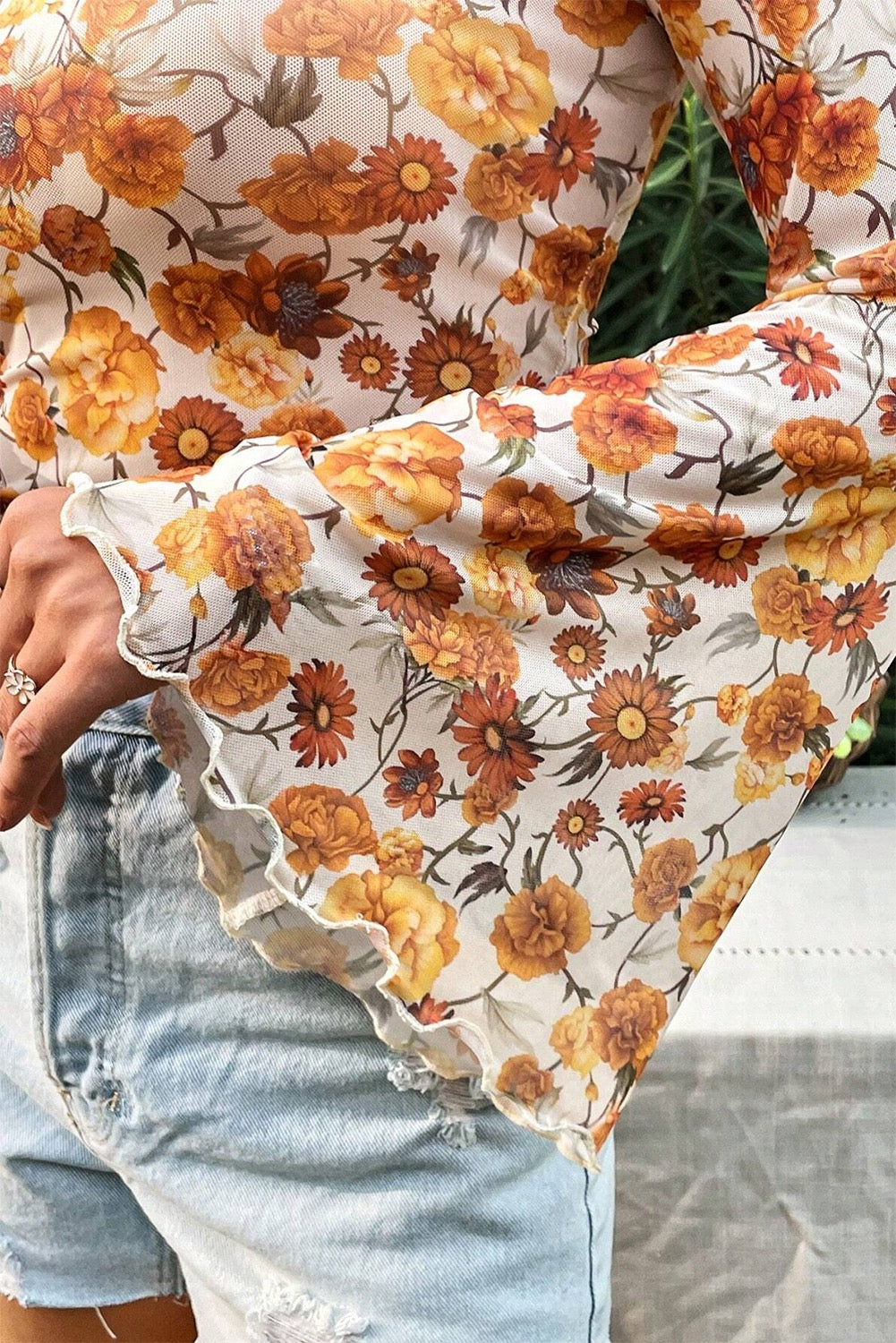 Orange Floral Mesh Bell Sleeve Blouse