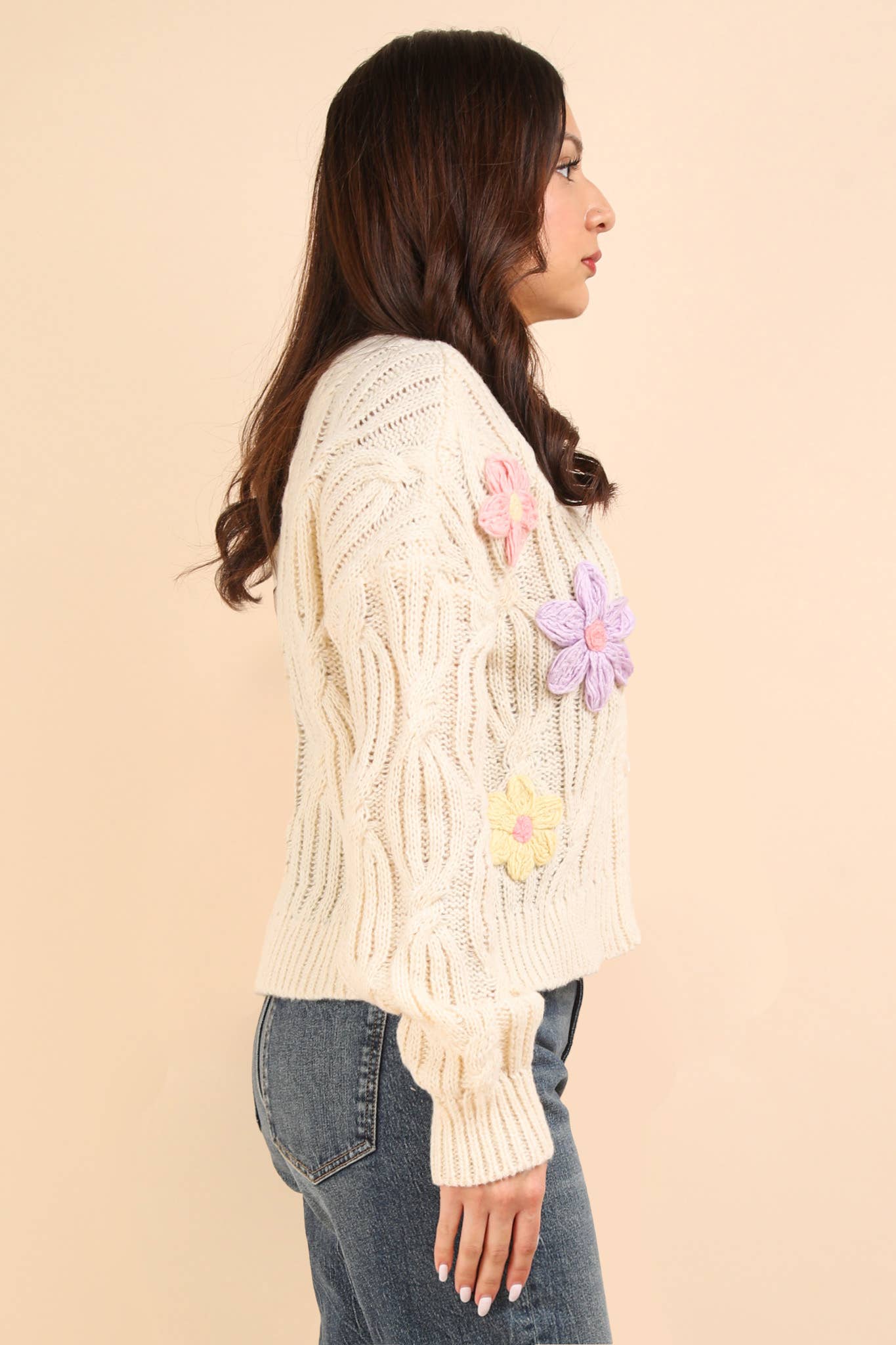 Hand-Made Flower Applique Knit Sweater Cardigan