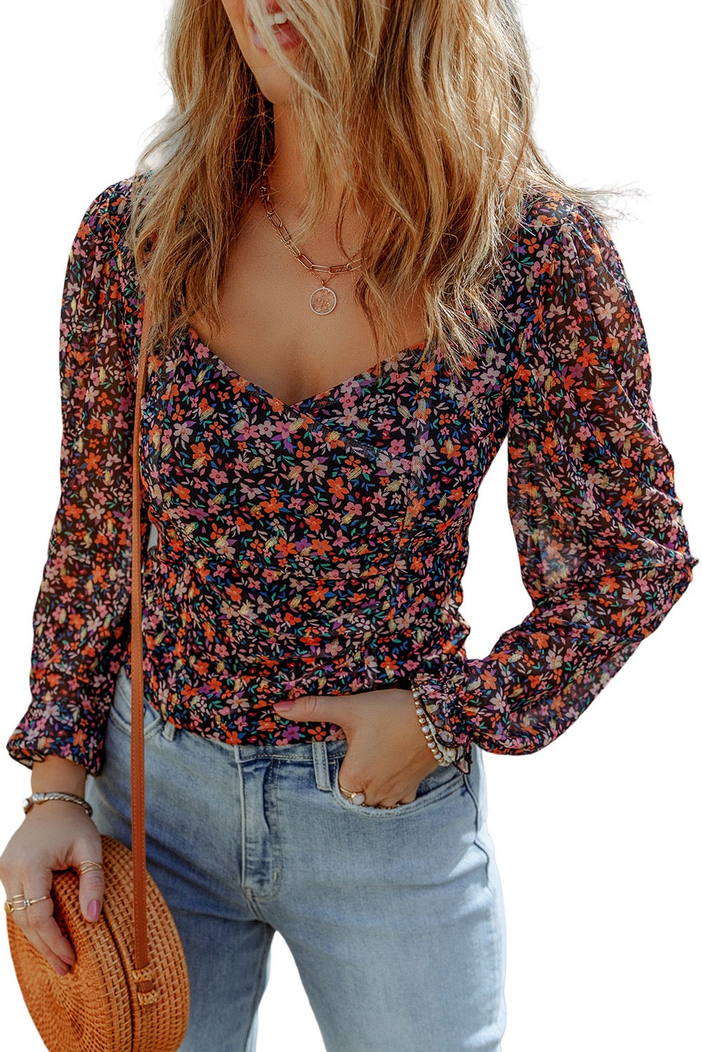 Bubble Sleeve Ditsy Floral Blouse