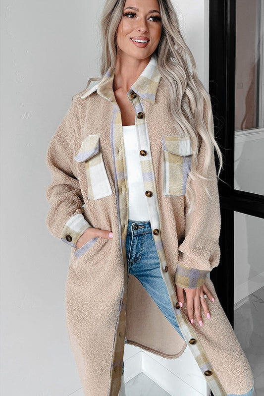 Beige Plaid Patchwork Long Sherpa Coat