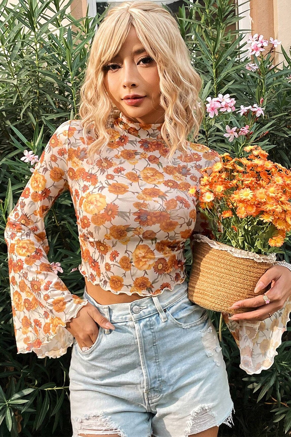 Orange Floral Mesh Bell Sleeve Blouse