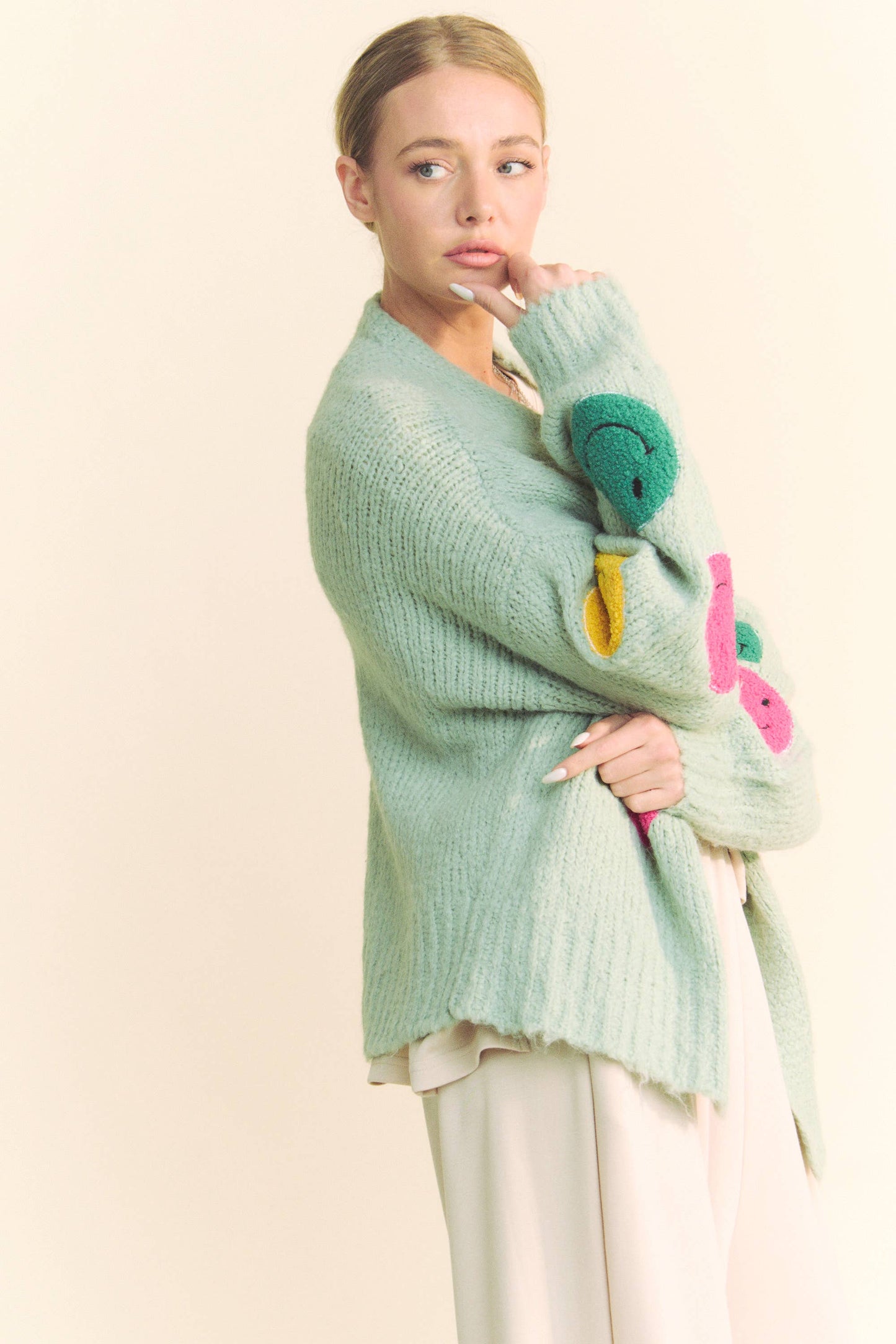 Fuzzy Smile Long Bell Sleeve Cardigan