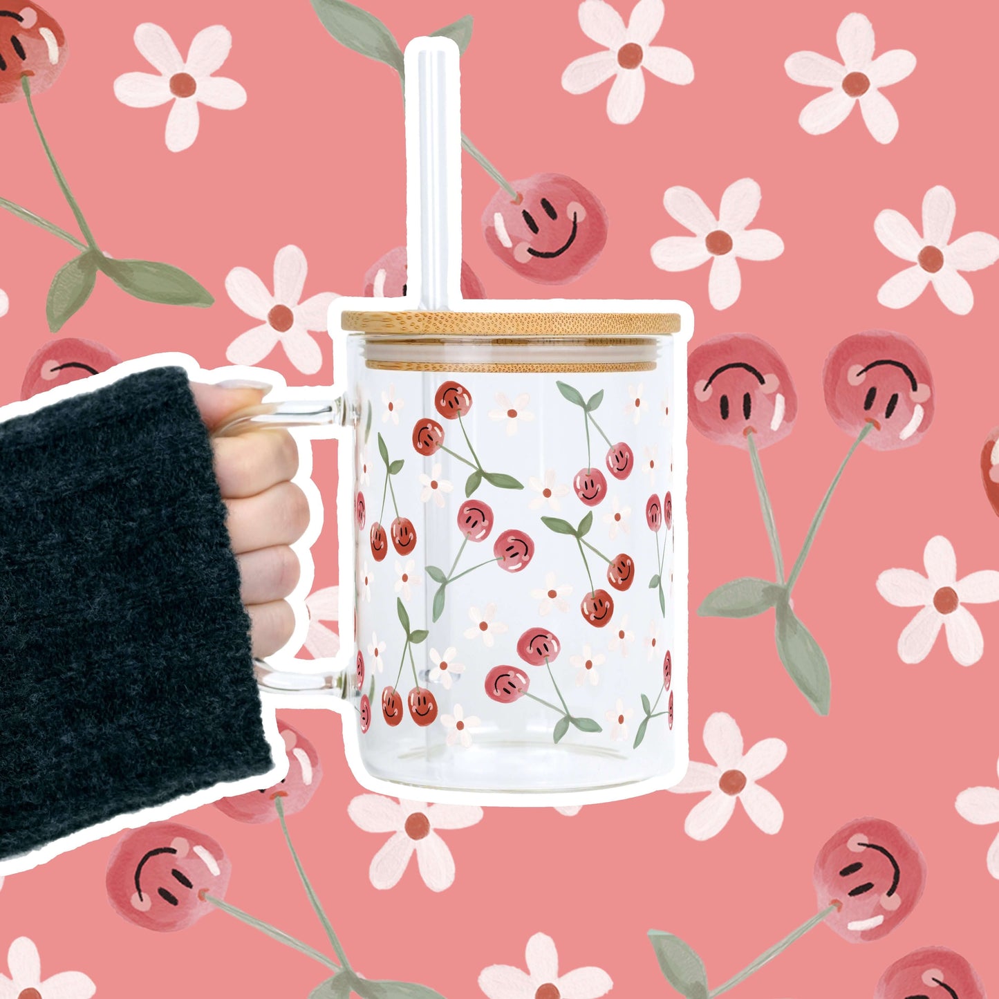 Smiley Cherry 17oz Glass Mug With Lid and Straw