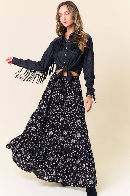 BLACK FLORAL TIERED MAXI SKIRT W/POCKETS