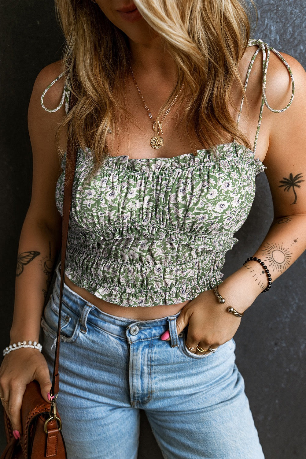 Green Floral Print Tie Straps Cropped Tank