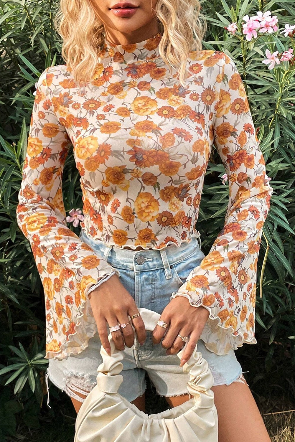 Orange Floral Mesh Bell Sleeve Blouse