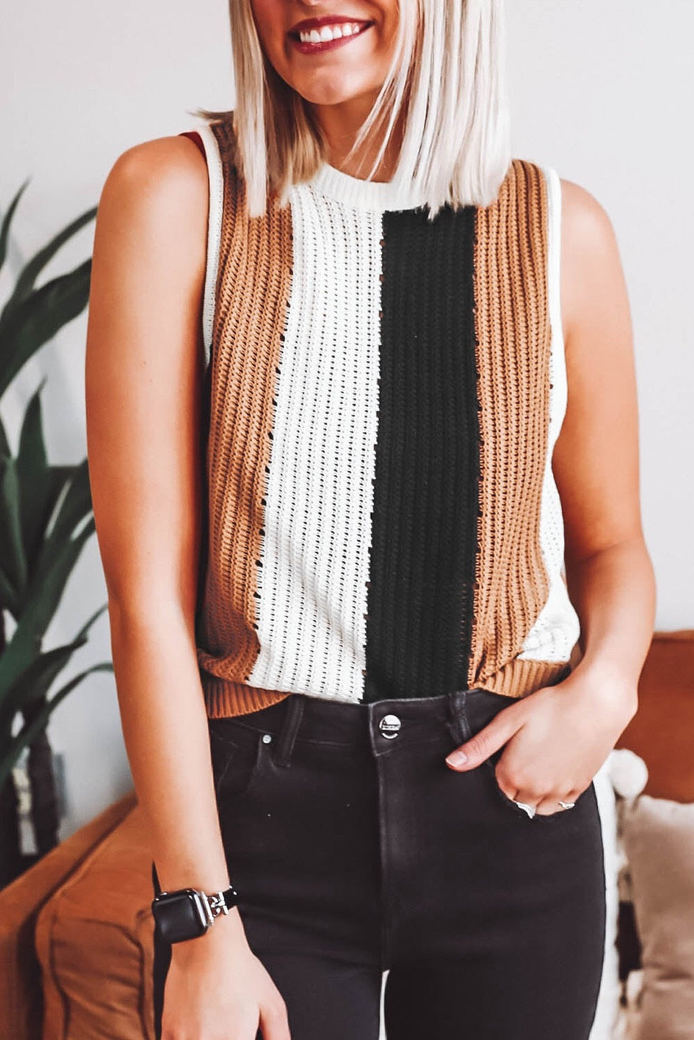 Khaki Stripe Color Block Knitted Sweater Vest