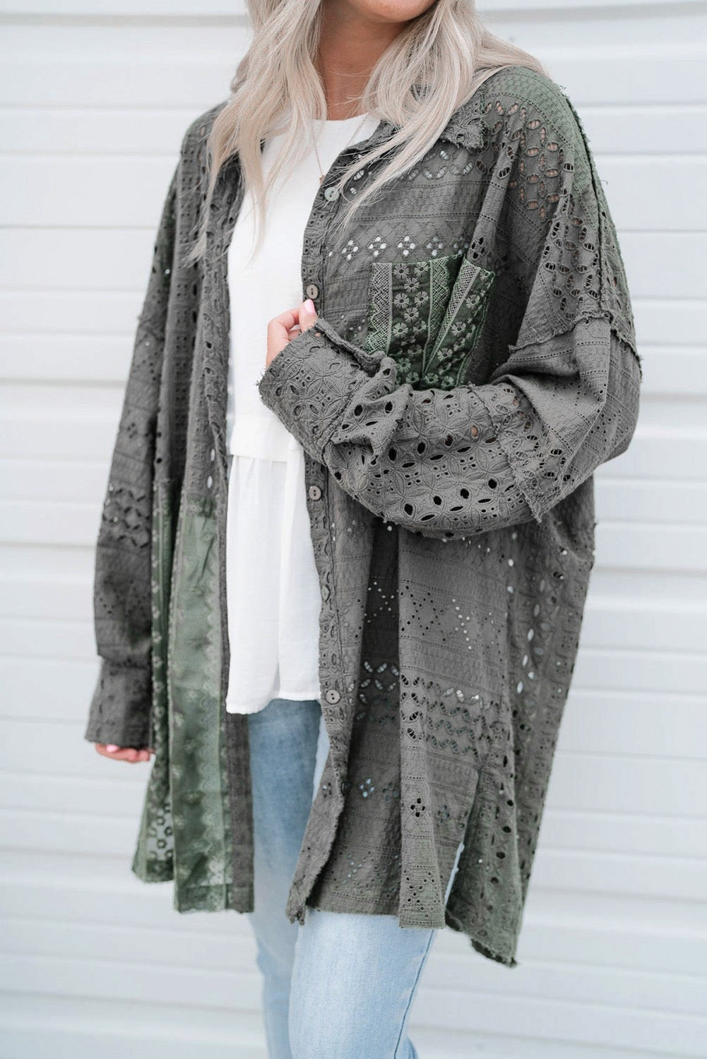 Green Eyelet Pattern Patchwork Oversized Shacket