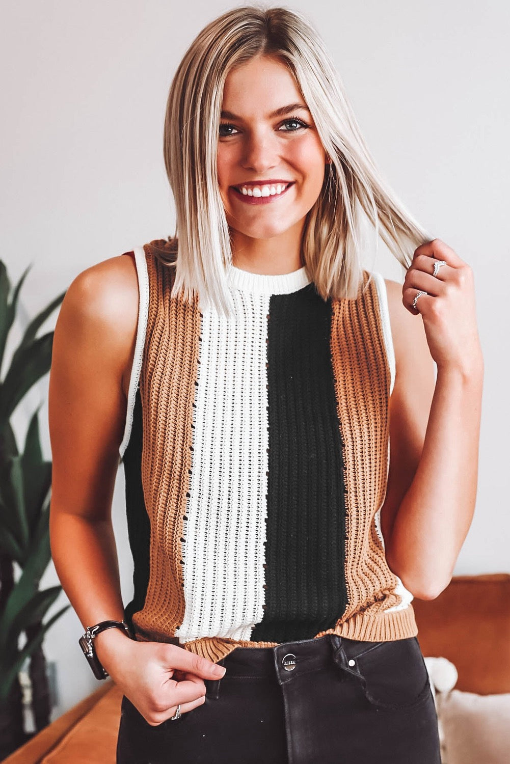 Khaki Stripe Color Block Knitted Sweater Vest