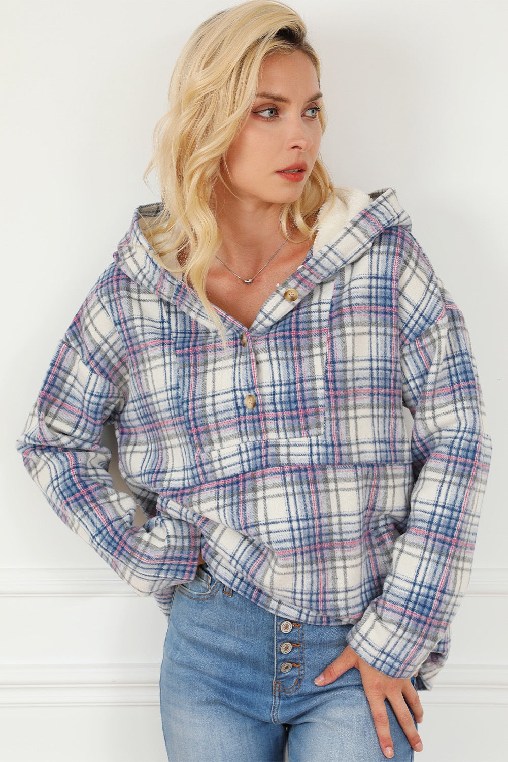 Plaid Button Neck Pocketed Pullover Hoodie