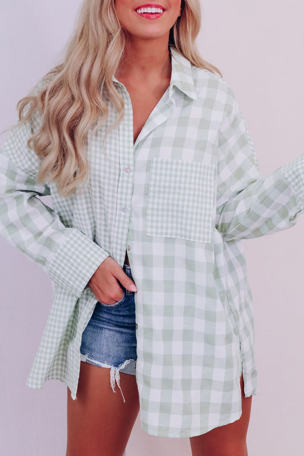 Green Mix Checked Patchwork Button Up