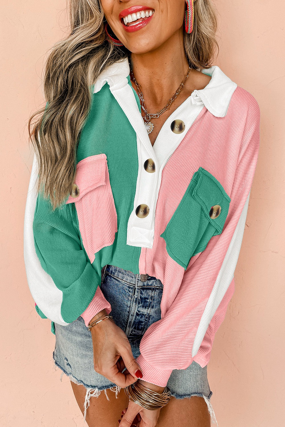 Pink Color Block Ribbed Collared Oversized Sweatshirt