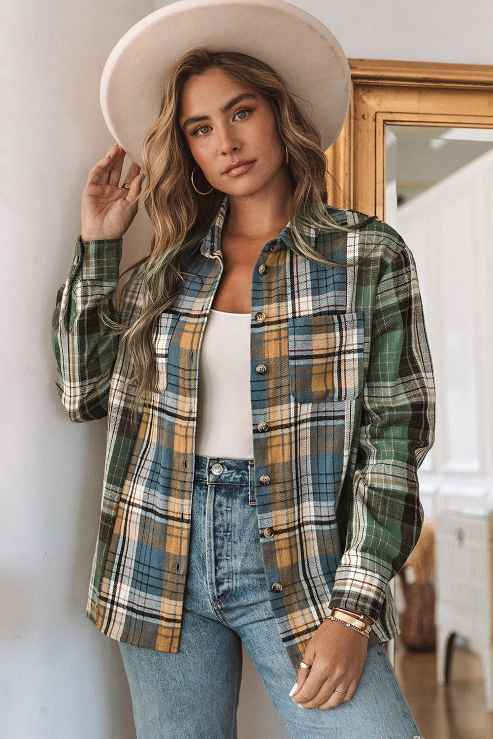 Green Chest Pockets Button Up Plaid