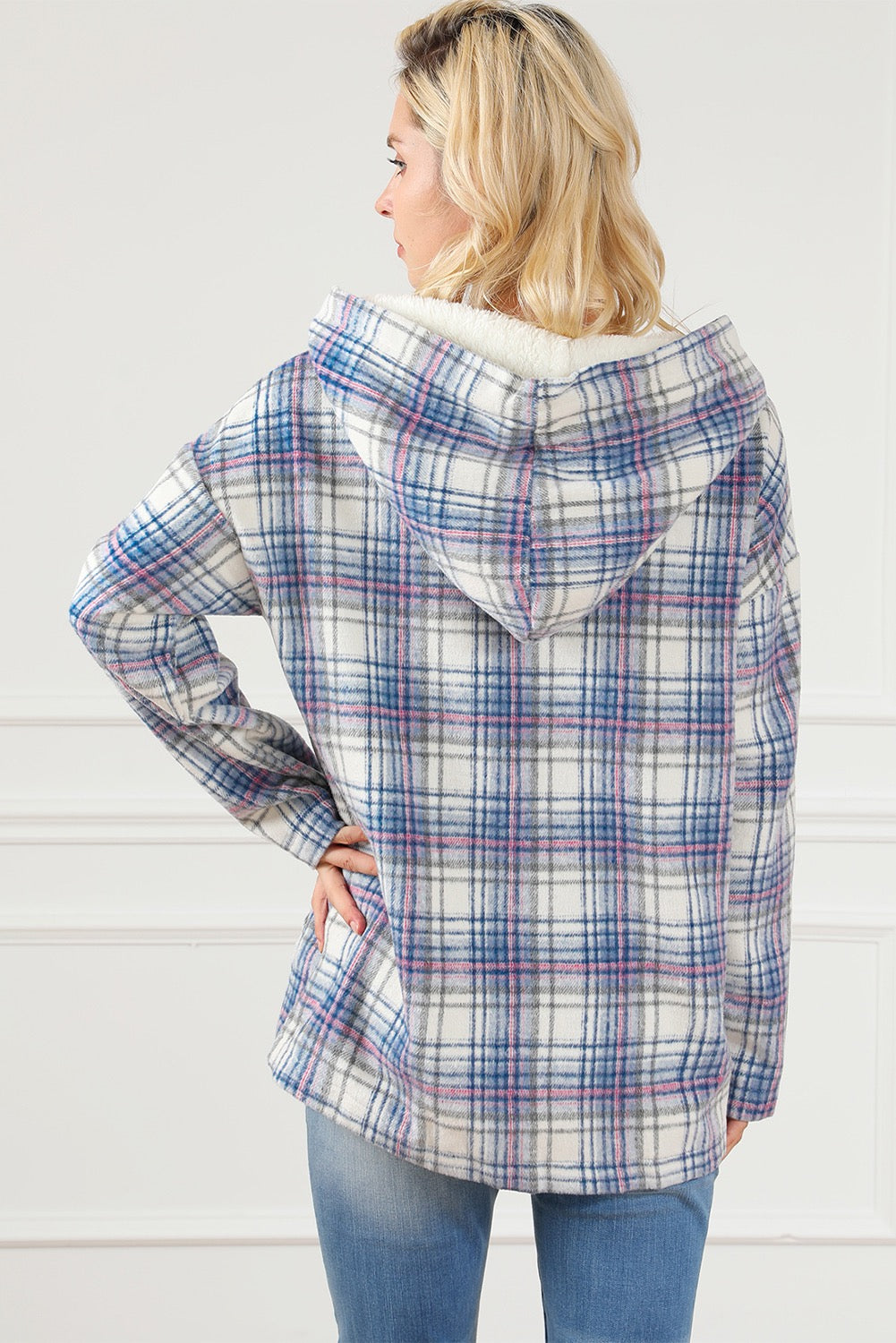 Plaid Button Neck Pocketed Pullover Hoodie