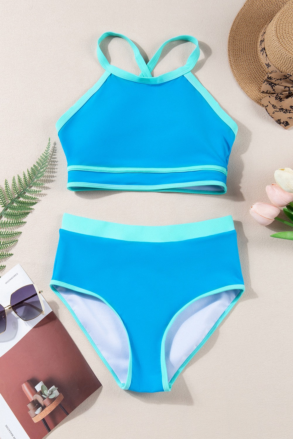 Blue Contrast Trim Crisscross Back
High Waisted Bikini