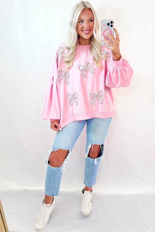 Light Pink Embroidered Bow Lantern Sleeve Pullover Sweater