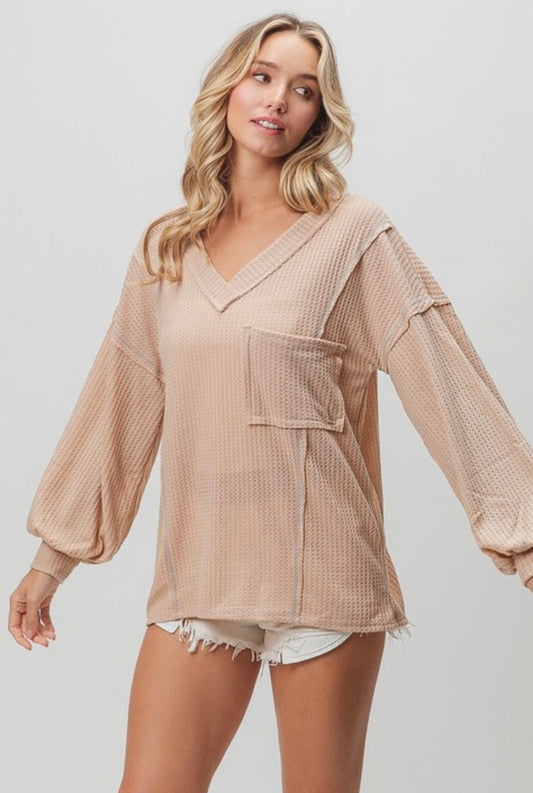 BiBi Exposed Seam Waffle V-Neck
