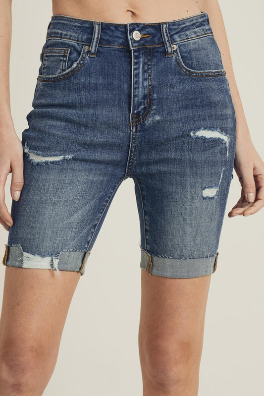 Risen High Rise Distressed Long Shorts